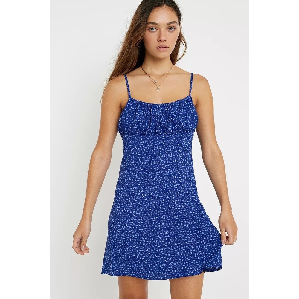 NARRATED Floral Ruched Slip Mini Dress Blue Adjustable Straps XS